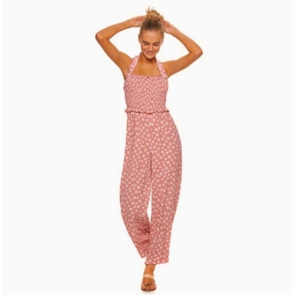 Candie’s XL Pink Cream Polka Dot Jumpsuit Pantsuit Smocked Bodice Festival Boho